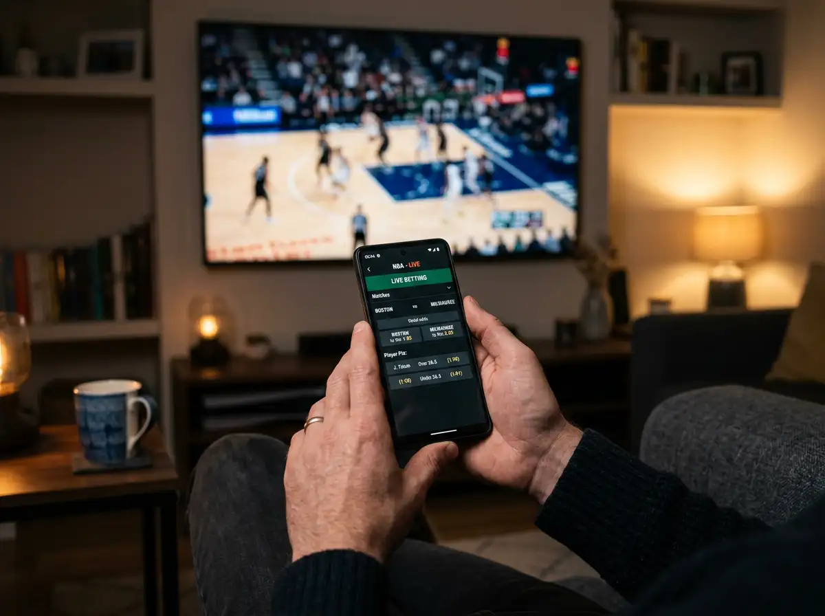 UK punter checking NBA player prop odds on a mobile phone with a basketball game on television in the background