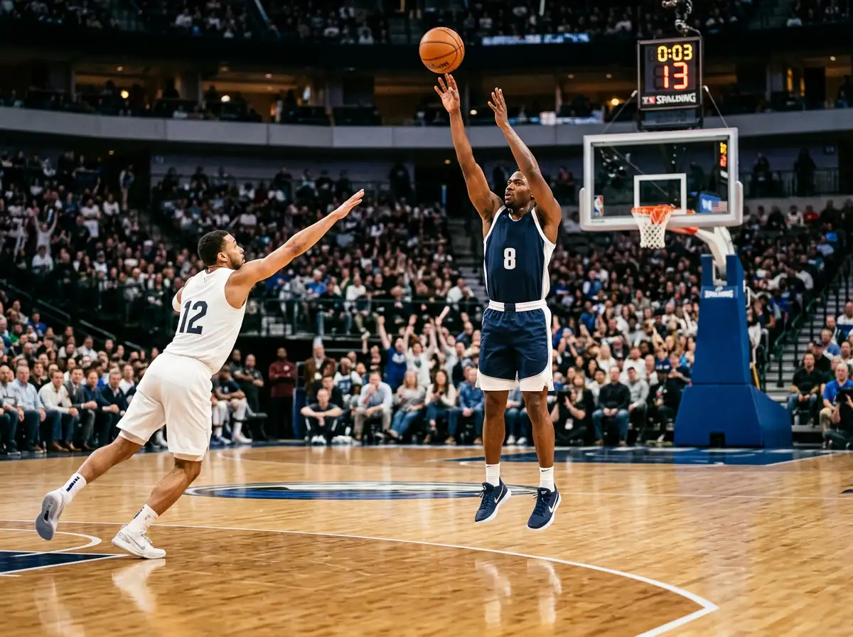 NBA player shooting a three-pointer during a game with defensive matchup visible on the court